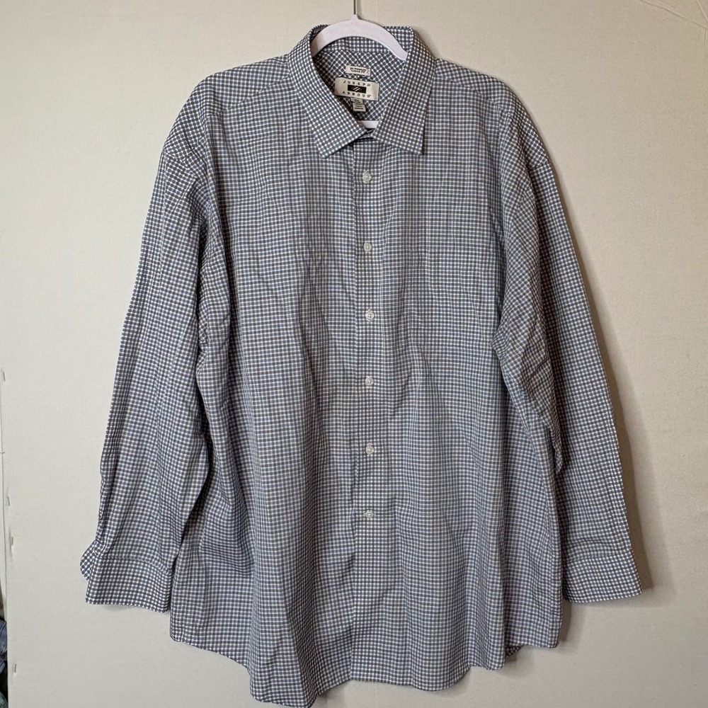 Joseph Abboud Dress Shirt 18.5 34/35 Egyptian Cotton Plaid Blue Brown Classic